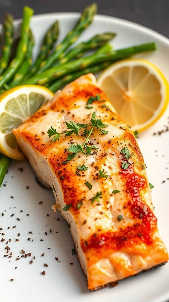 Crispy air fryer salmon fillet garnished with herbs and lemon wedges on a white plate with asparagus.